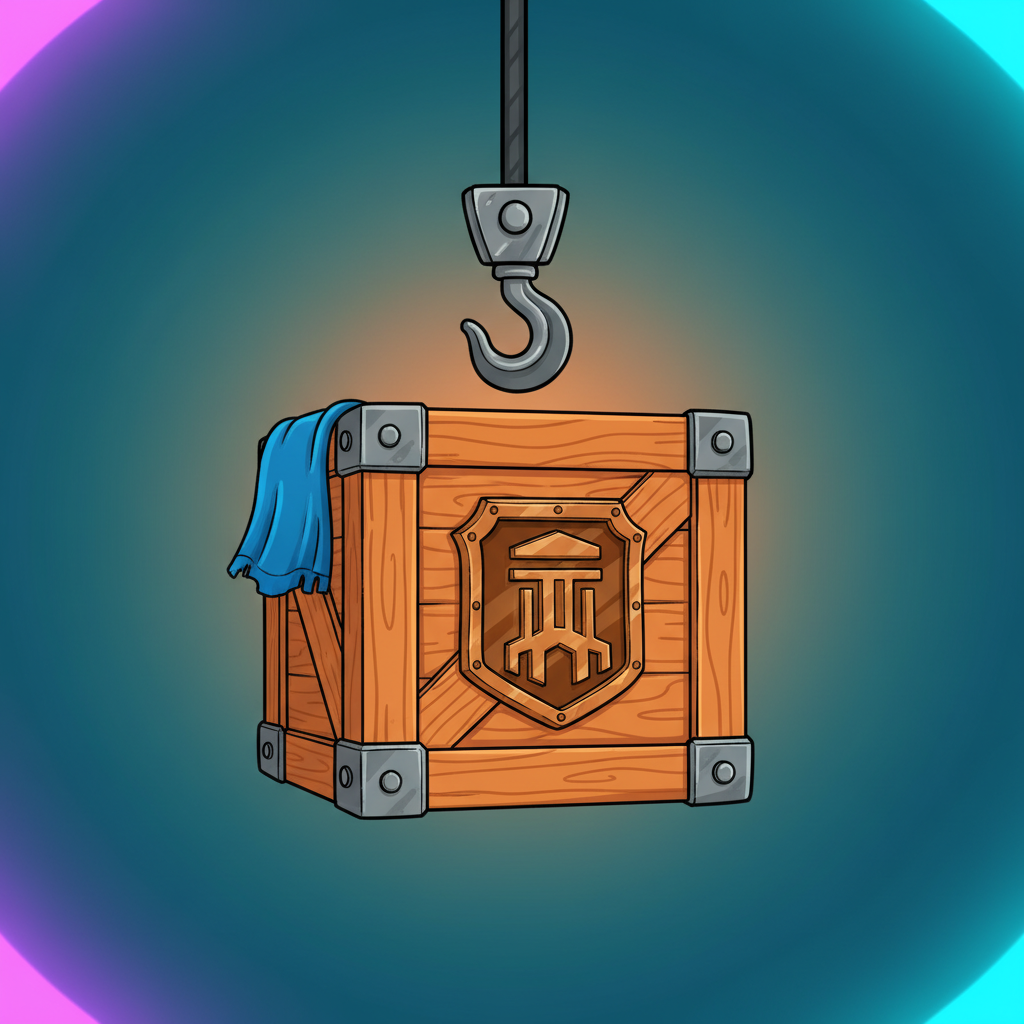 Tower Rush wooden crate with metal shield emblem